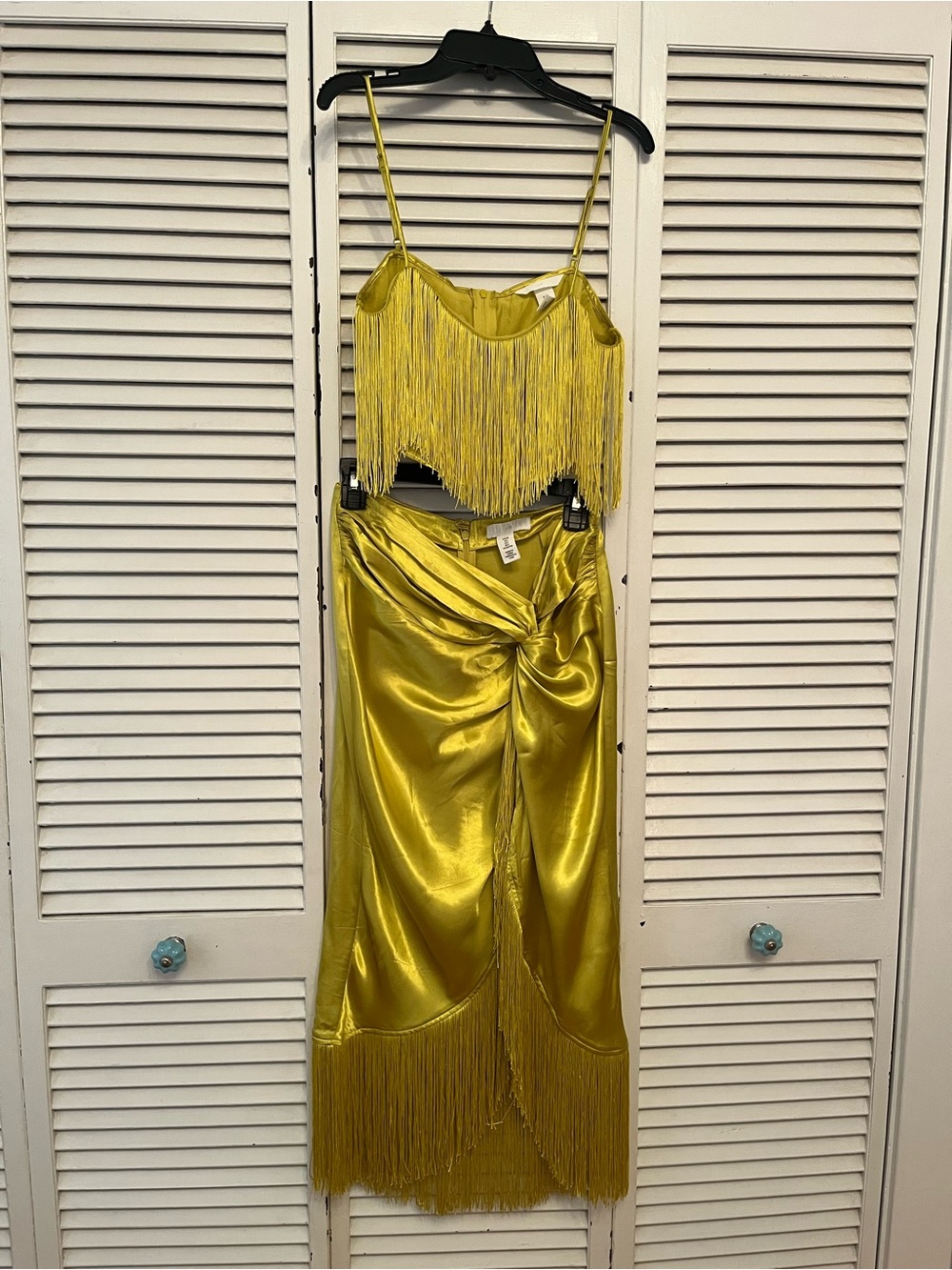 Yellow Fringe Satin Two-Piece Set
